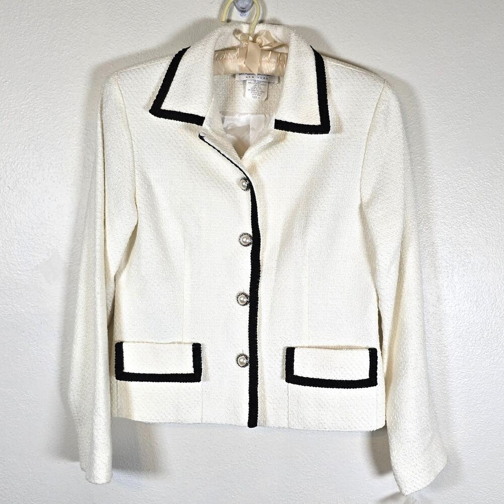 Vintage 90s Brownstone Studio Blazer Womens 6 White Black Boucle Career Preppy